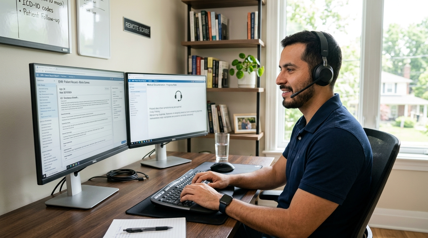 Latin American nearshore remote medical scribe documenting patient encounter in real time on EHR software