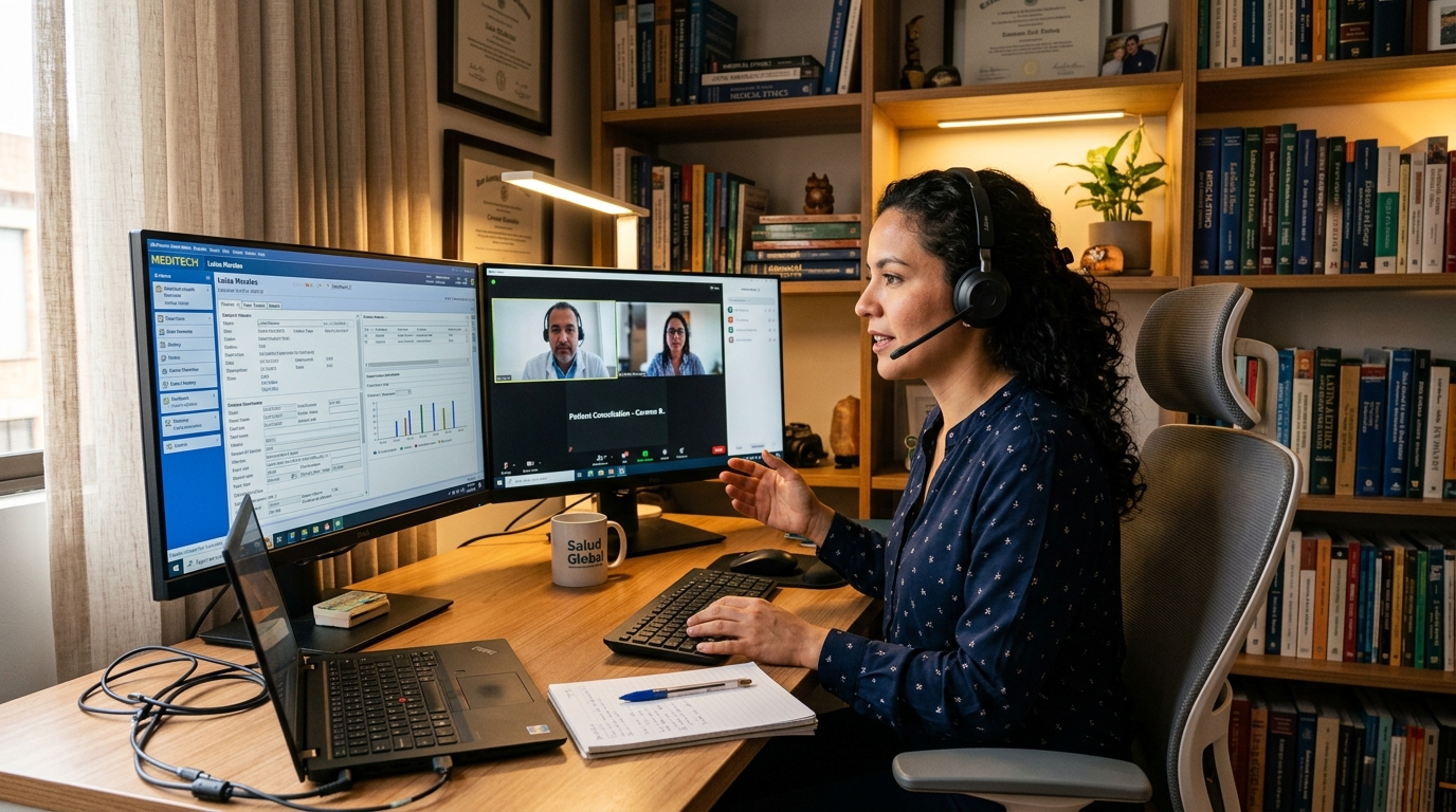 Nearshore remote medical scribe reviewing live EHR chart entry on dual screen setup during physician patient encounter