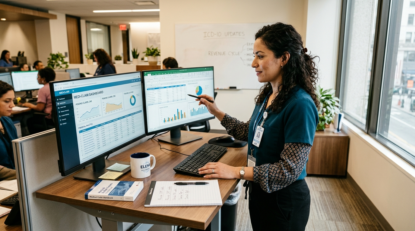 Nearshore revenue cycle management virtual assistant reviewing medical billing claims on dual monitors in a Latin American home office