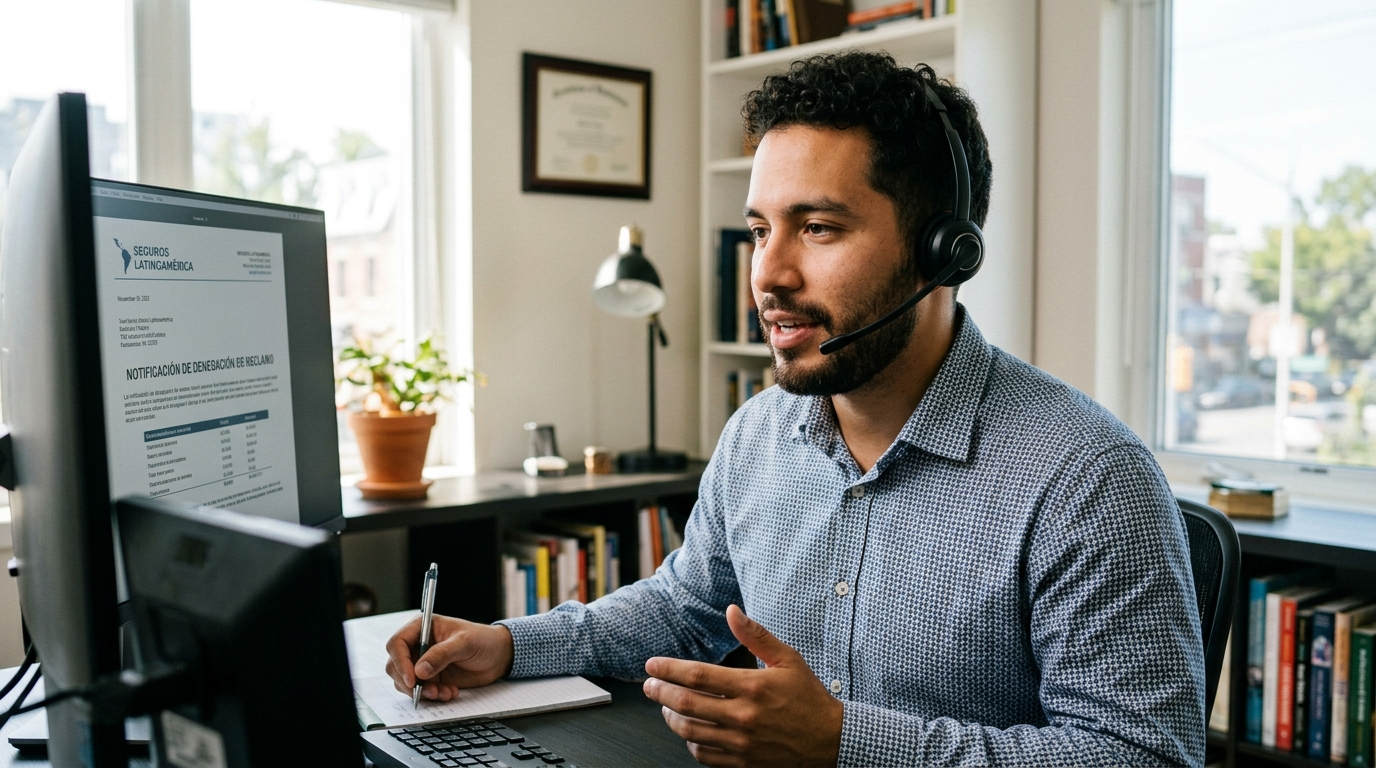 Nearshore RCM virtual assistant on a call disputing an insurance denial for a US medical practice, dual monitors visible