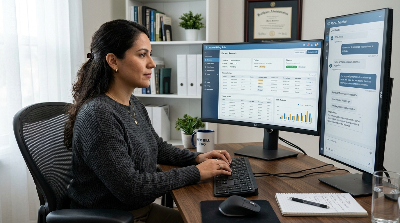Nearshore RCM virtual assistant using AI copilot alongside medical billing software to resolve a claim denial faster