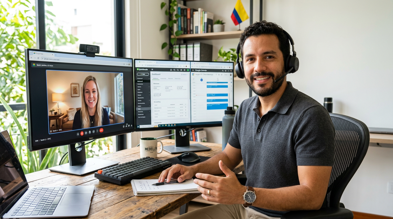 Rose house talent nearshore VA on video call with US client, dual monitors showing bookkeeping and scheduling software