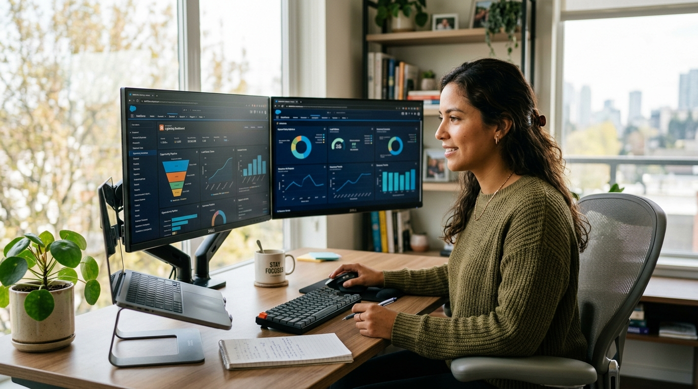 Nearshore Salesforce administrator virtual assistant reviewing CRM dashboard on dual monitors in a Latin American home office