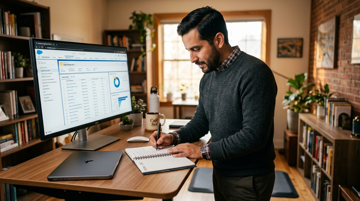 Salesforce administrator virtual assistant managing CRM records and user permissions in a Latin American office setup