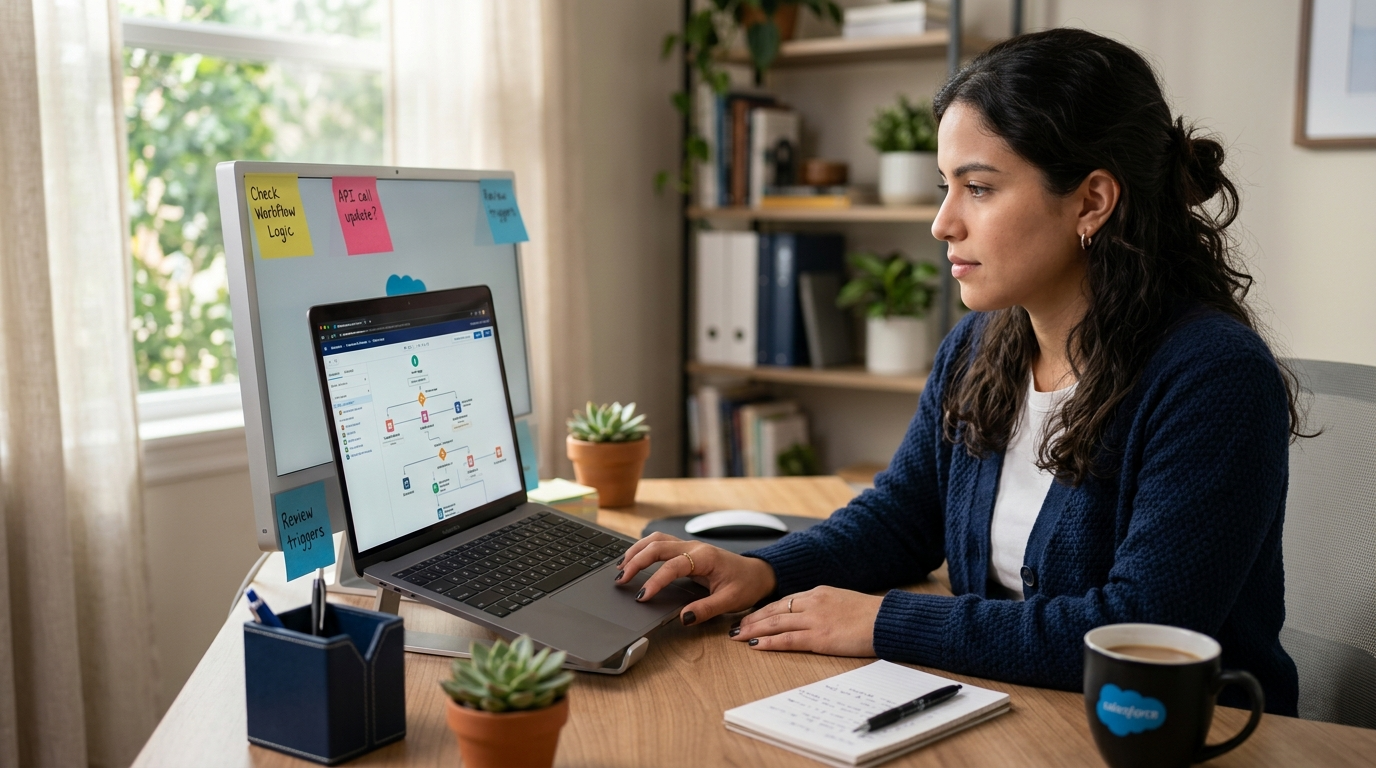 Salesforce admin virtual assistant building CRM flow automation and reviewing org configuration on a laptop