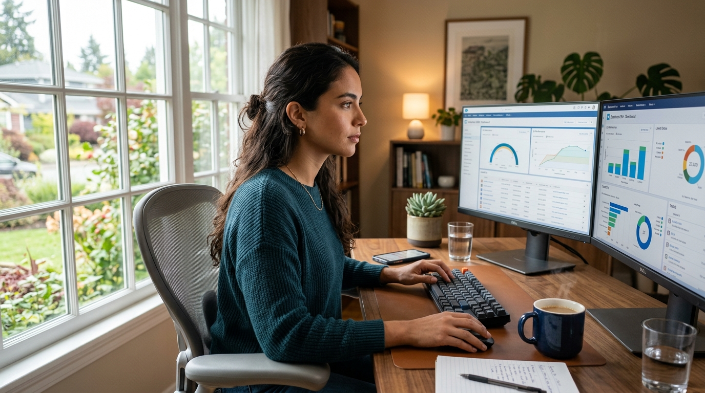 Latin American nearshore virtual assistant managing business applications on dual monitors to help scale operations seamlessly in 2026