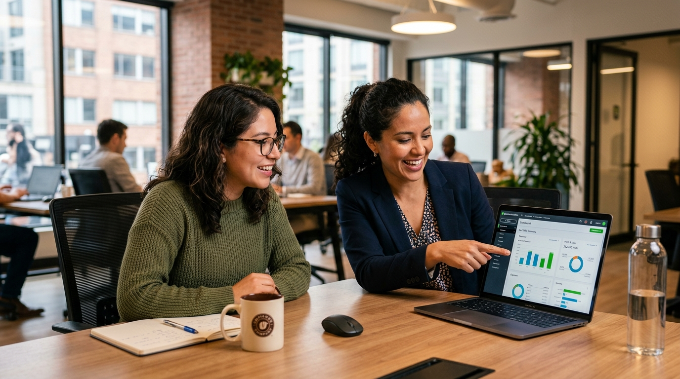 Nearshore virtual assistants in Latin America collaborating on QuickBooks dashboard to support seamless business scaling