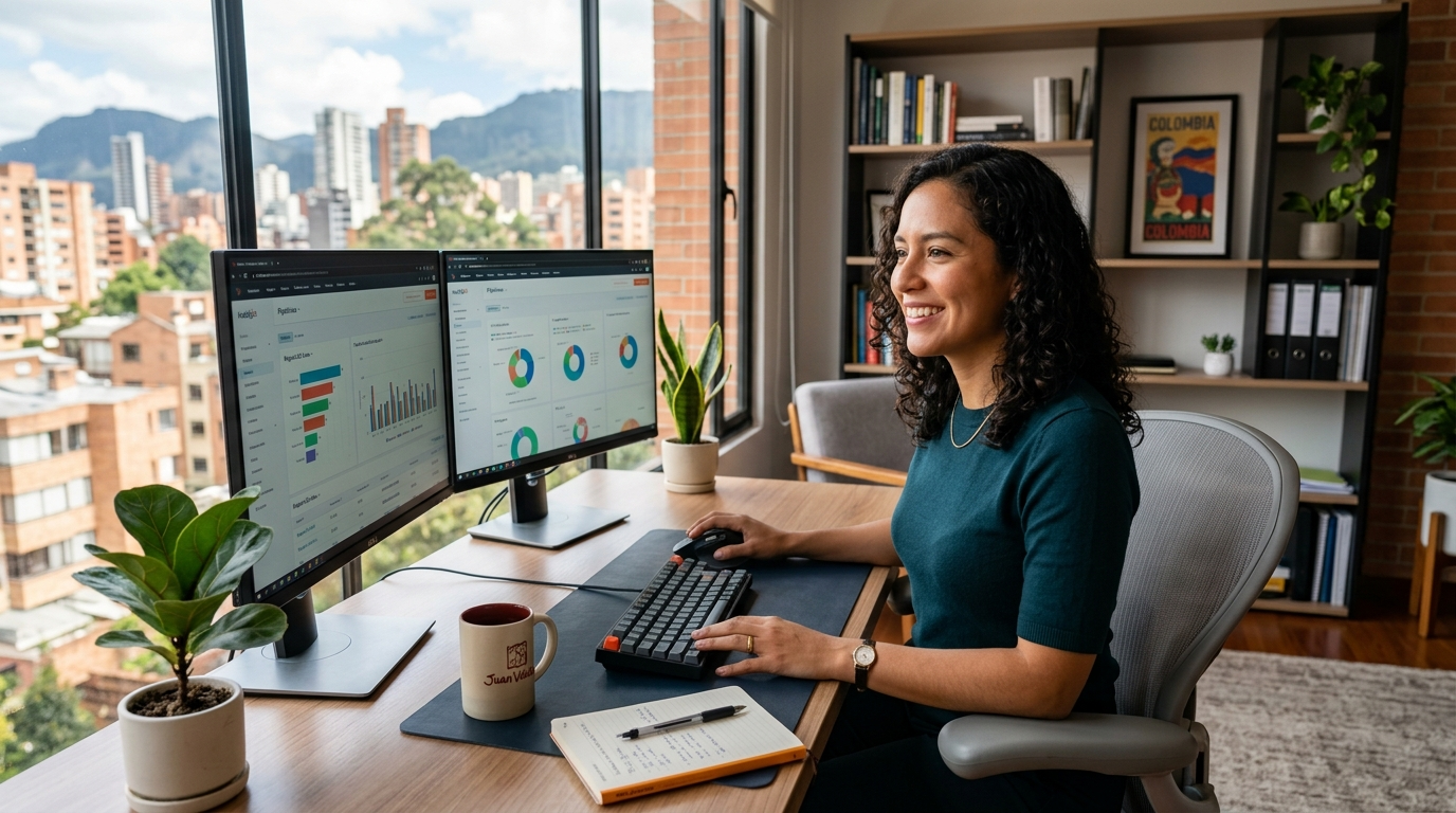 Latin American nearshore virtual assistant working at a bright home office, settlers best virtual assistant in 2026