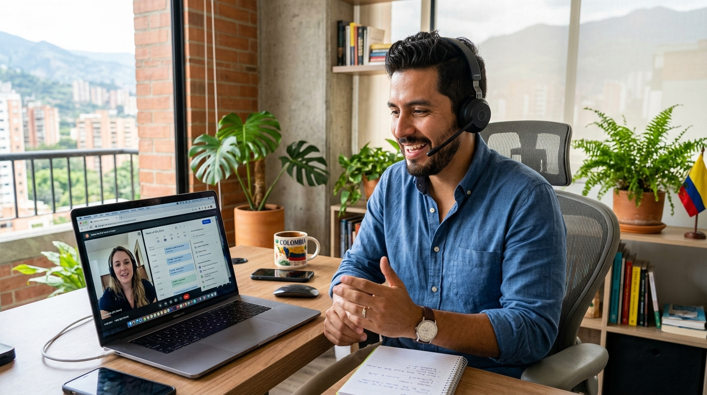 Nearshore Latin American virtual assistant on a video call with a US business client, 2026 remote staffing setup