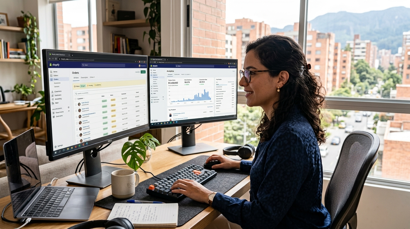 Latin American Shopify virtual assistant reviewing store orders on dual monitors, demonstrating nearshore shopify assistant cost efficiency