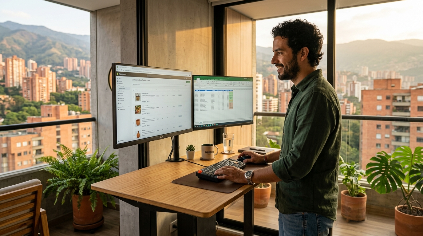 Nearshore Shopify assistant managing product listings on dual monitors, illustrating real shopify assistant cost models