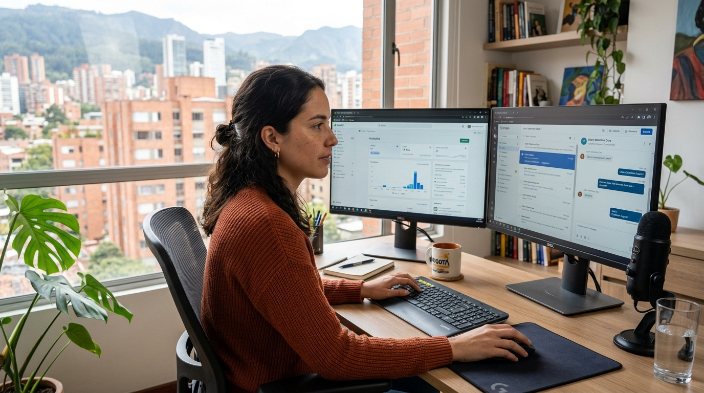 Nearshore Shopify customer service virtual assistant working in a Latin American home office with Shopify and Gorgias open on dual monitors