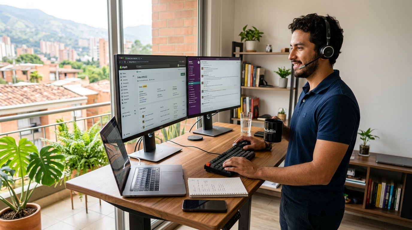 Shopify customer service virtual assistant handling order tickets in Gorgias from a nearshore Latin American home office