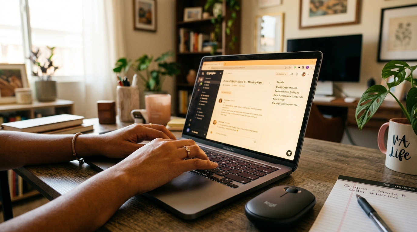 Shopify customer service VA resolving a Gorgias ticket with Shopify order details visible on screen