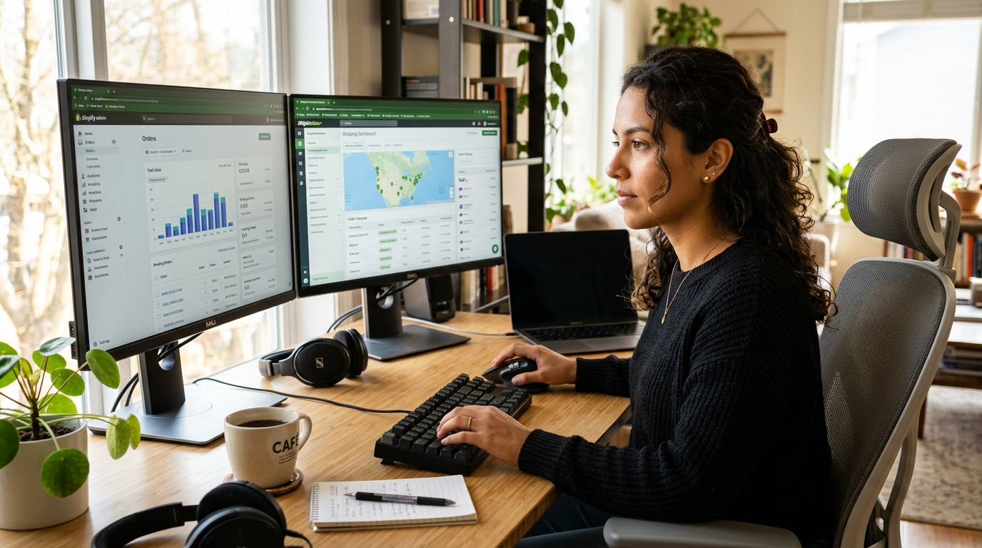 Nearshore Shopify order fulfillment virtual assistant reviewing orders on dual monitors in a Latin American home office