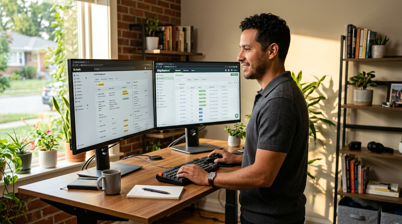 Shopify order fulfillment virtual assistant processing orders in ShipStation and Shopify on dual monitors