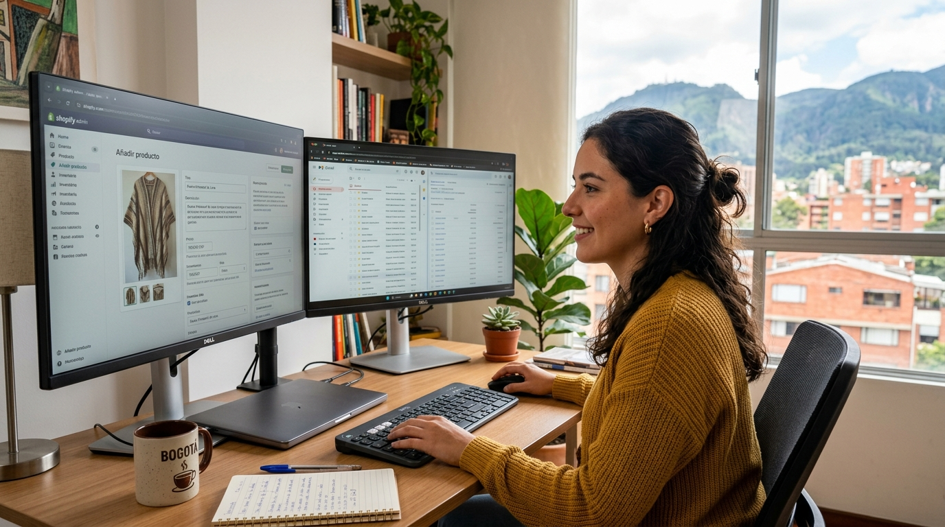 Nearshore Shopify product listing virtual assistant working in a Latin American home office with Shopify admin open on dual monitors