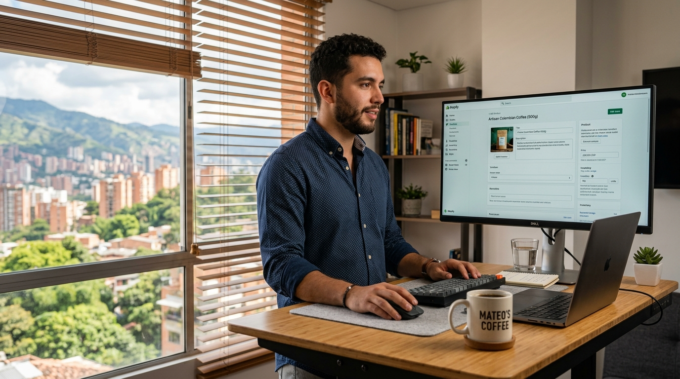 Shopify product listing virtual assistant editing product variants and SEO titles inside Shopify admin in a Latin American office