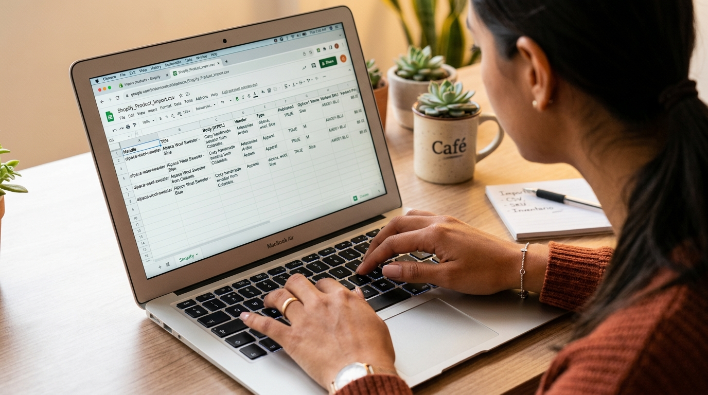 Shopify listing VA uploading bulk product CSV into Shopify admin, hands on keyboard, product spreadsheet visible on screen