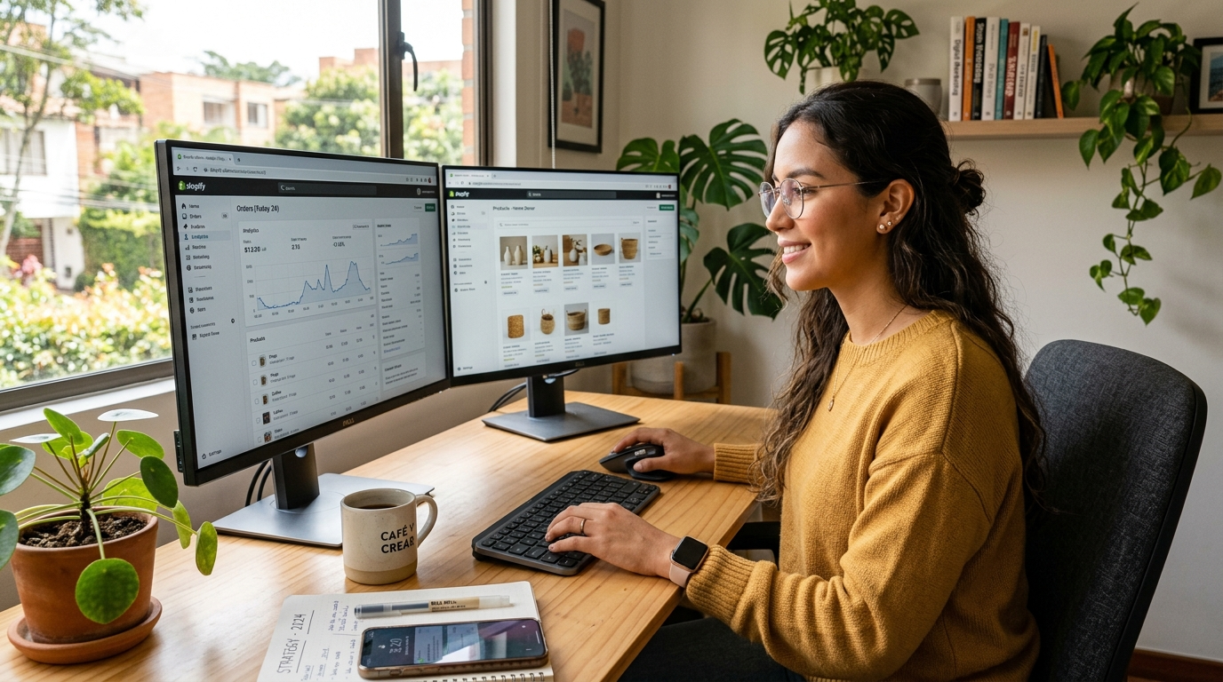Nearshore Shopify VA managing a Shopify store dashboard from a Latin American home office in 2026