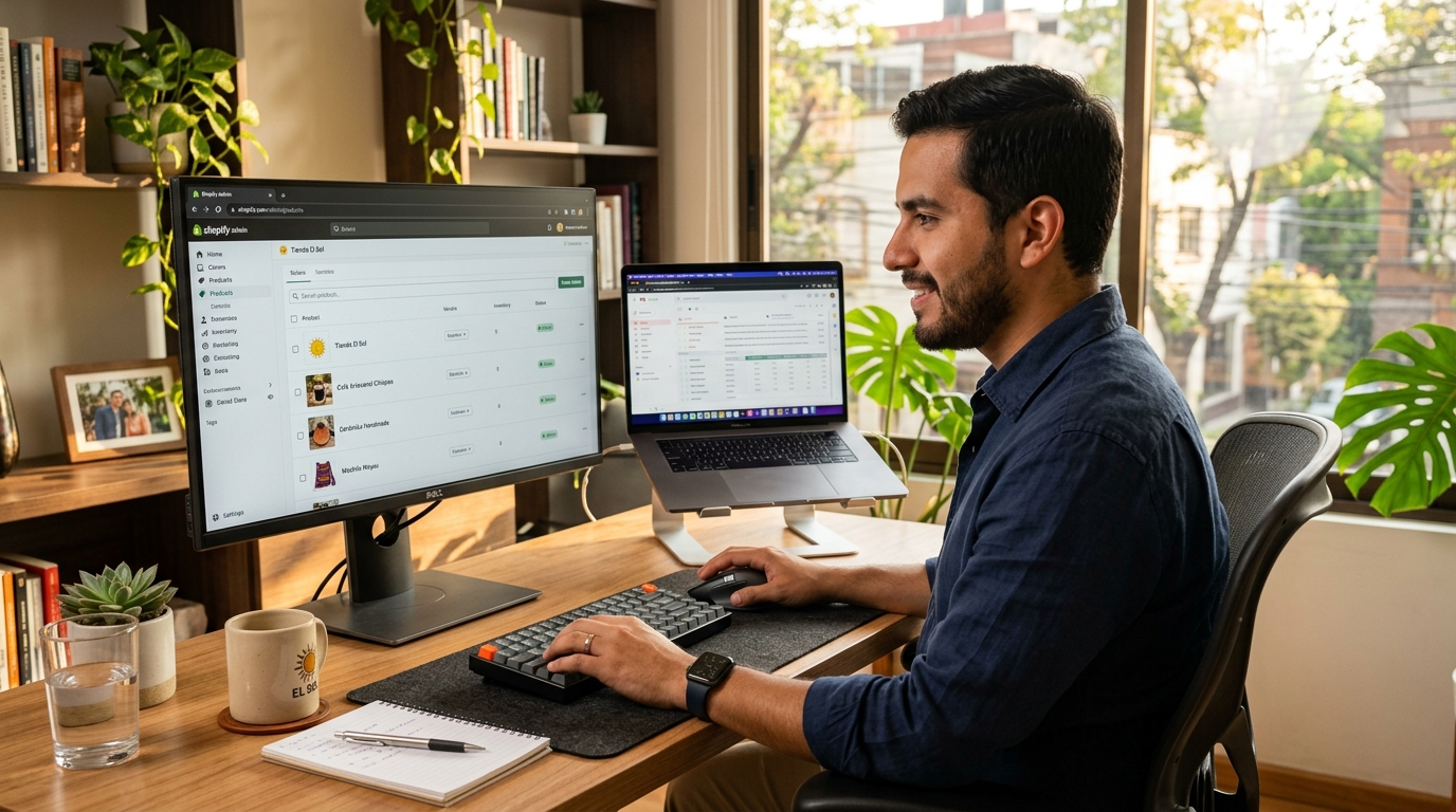 Shopify VA reviewing product listings on Shopify admin dashboard in a professional Latin American home office