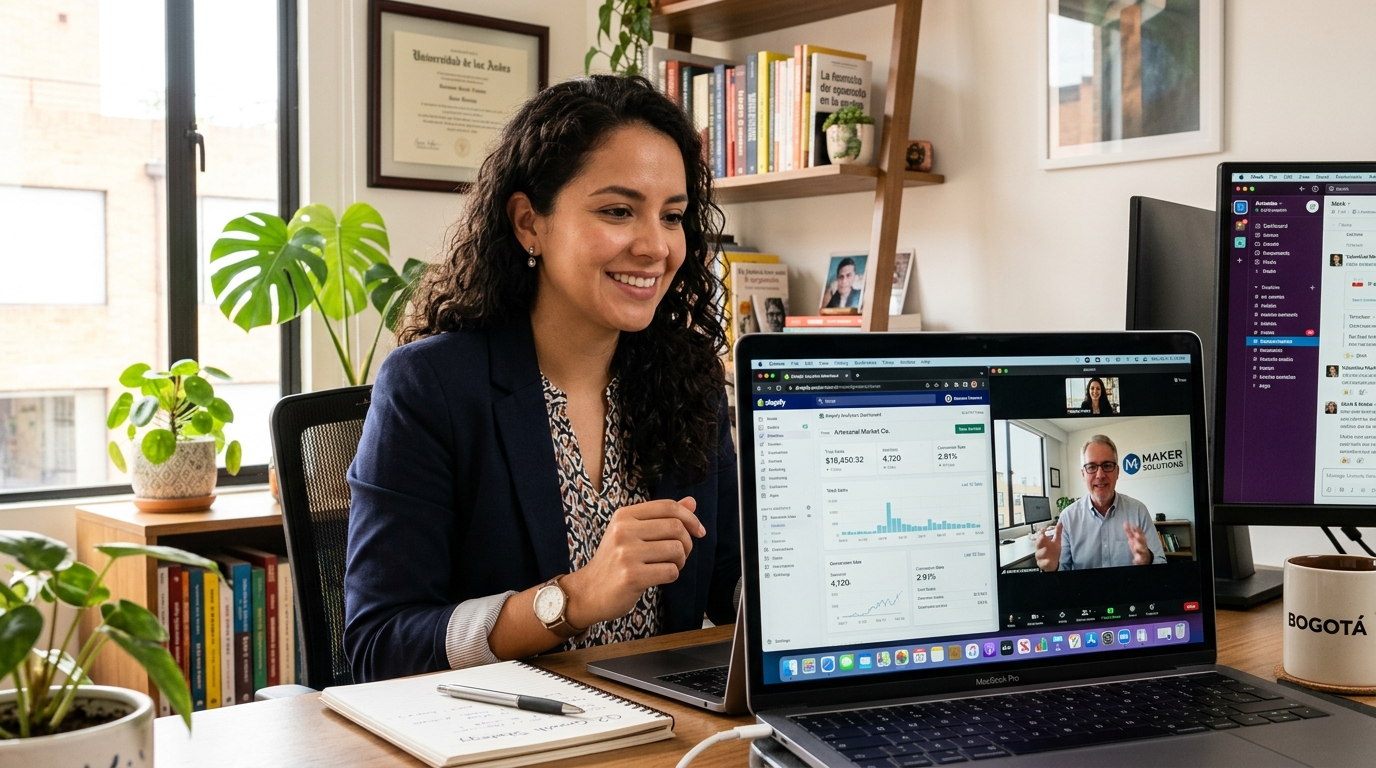Nearshore Shopify VA on a video call with a US e-commerce business owner reviewing Shopify store analytics in 2026