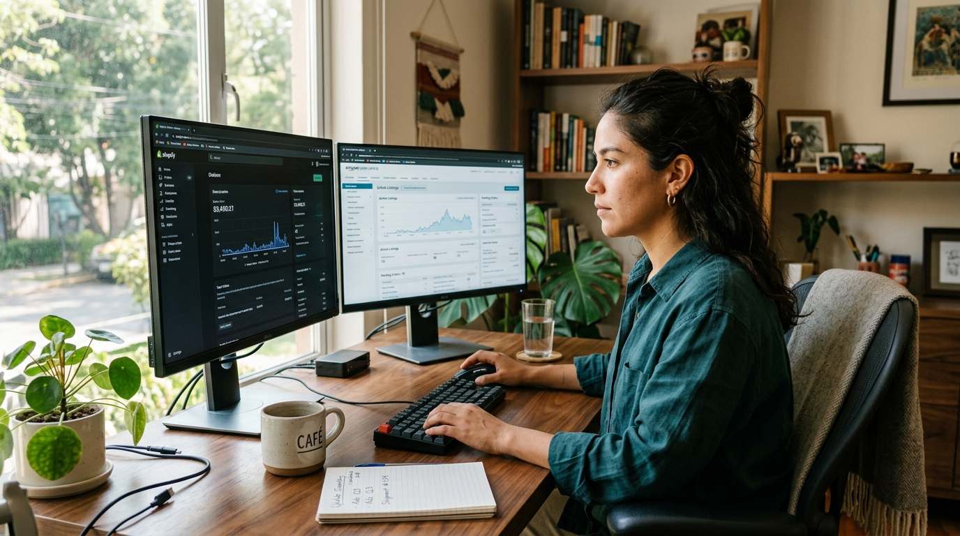 Nearshore Latin American VA managing Shopify and Amazon FBA dashboards side by side on dual monitors in a bright home office