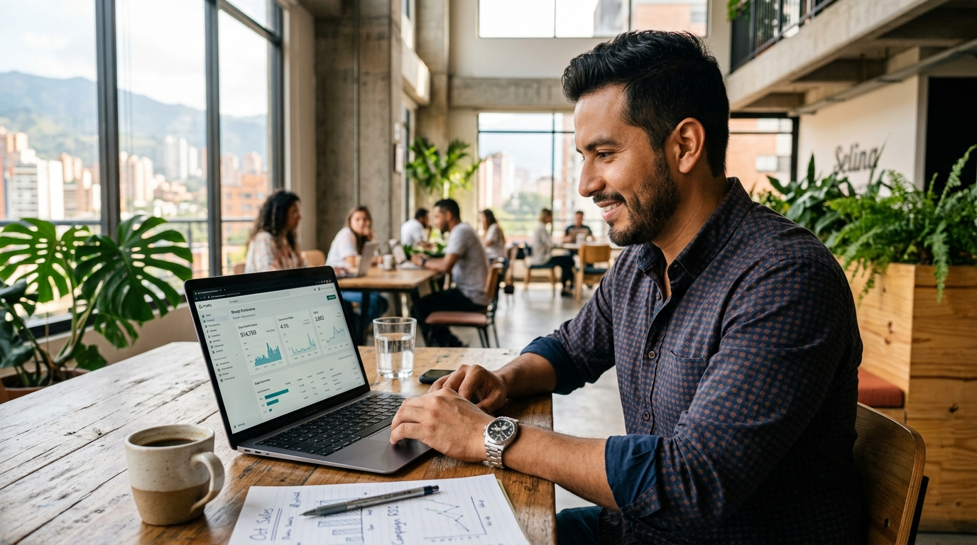 Nearshore Shopify VA reviewing store analytics and order management dashboard on a laptop in a modern Latin American workspace
