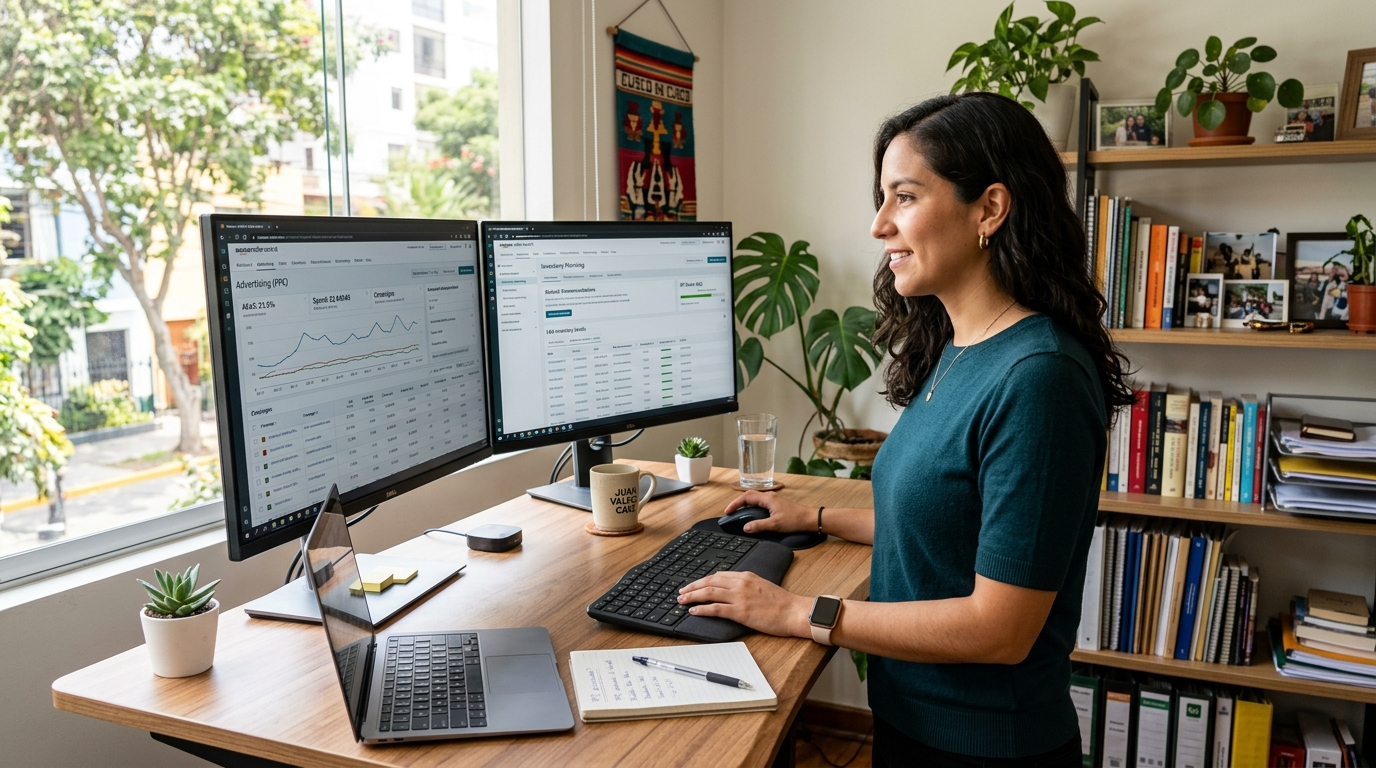 Nearshore Amazon FBA VA reviewing PPC campaigns and inventory levels on dual monitors in a Latin American home office