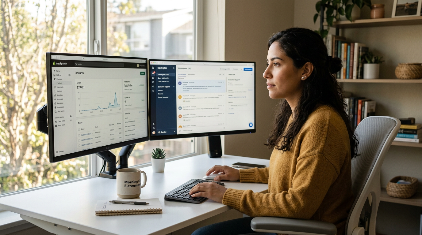 Nearshore Shopify virtual assistant managing a US e-commerce store from a Latin American home office with Shopify dashboard visible