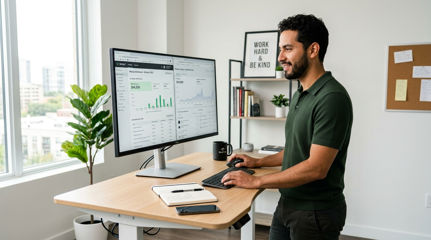 Shopify virtual assistant reviewing Klaviyo email campaigns and Shopify analytics on dual monitors in a modern Latin American office