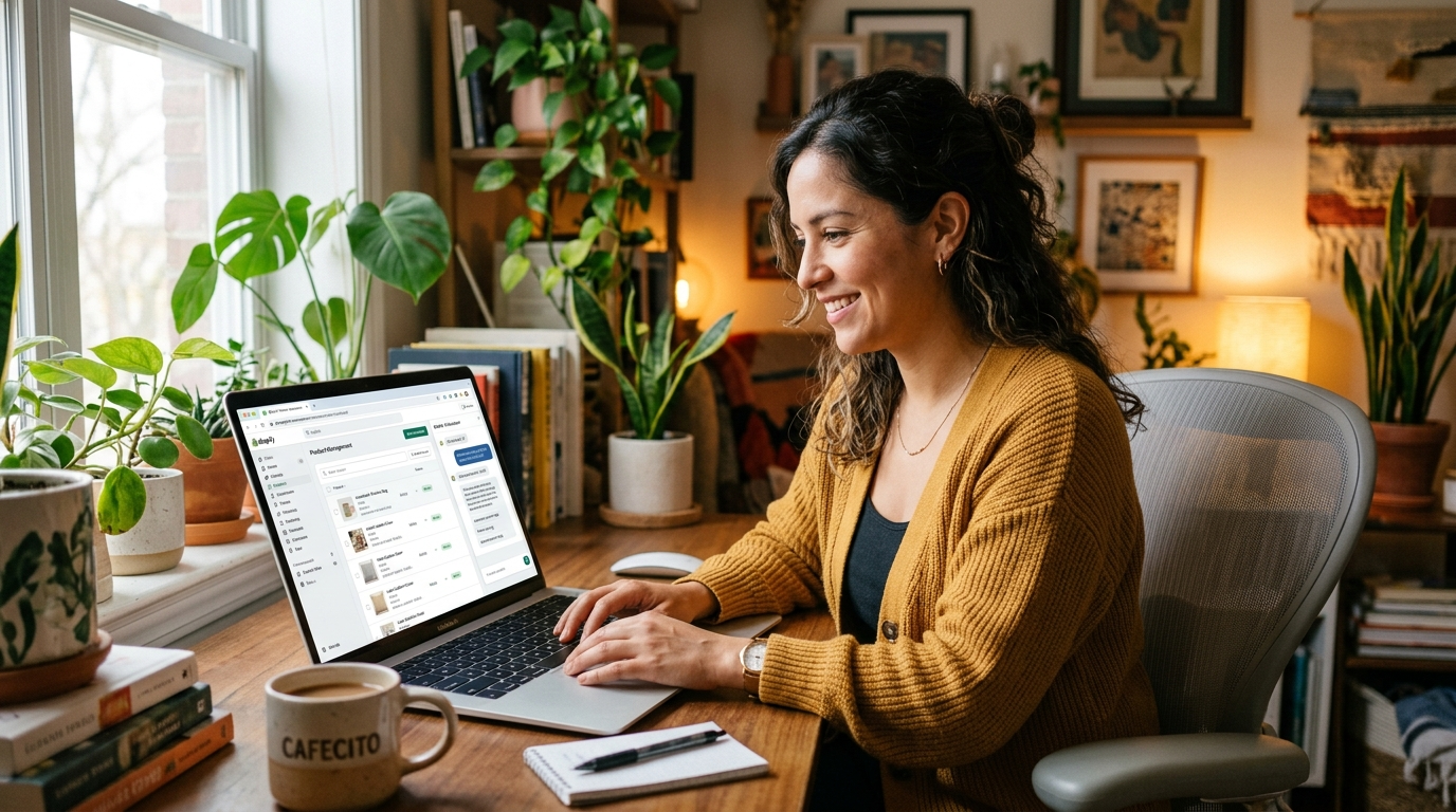 Nearshore Shopify virtual assistant using an AI copilot alongside the Shopify product management dashboard in a Latin American home office