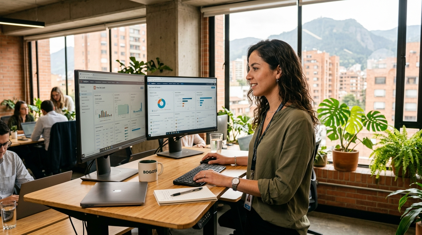 Latin American nearshore staff augmentation specialist working on dual monitors in a modern LATAM co-working office, 2026