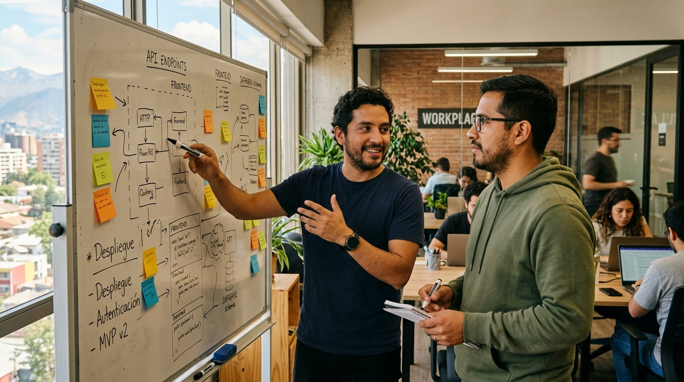 Nearshore Latin America developers collaborating on a whiteboard in a Santiago co-working office during US business hours