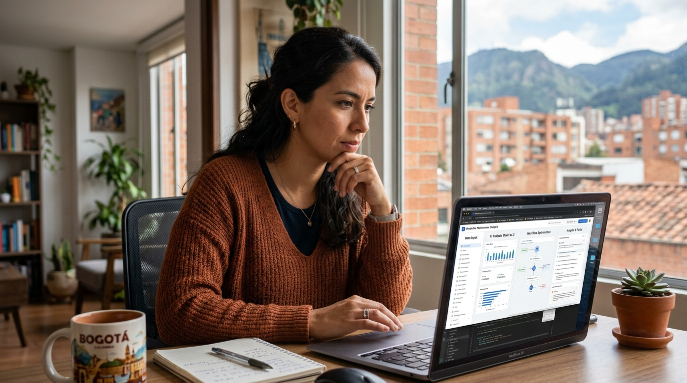 Nearshore Latin America staff augmentation specialist using AI copilot workflow on laptop in a modern home office