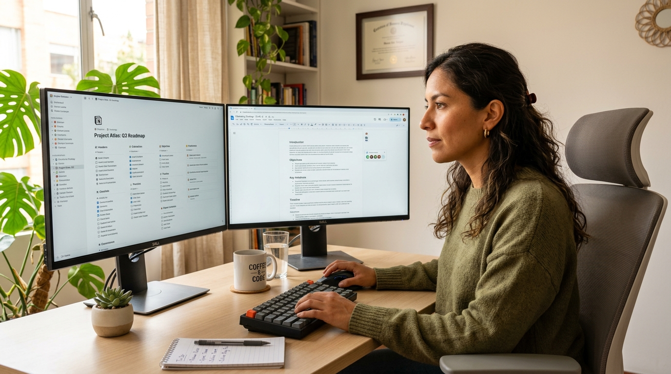 Nearshore technical documentation virtual assistant reviewing structured SOPs and API guides on dual monitors in a Latin American home office