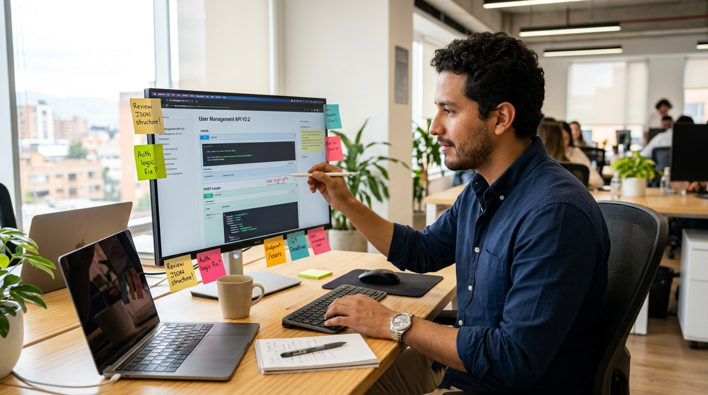 Technical documentation virtual assistant annotating an API reference guide on screen in a Latin American home office