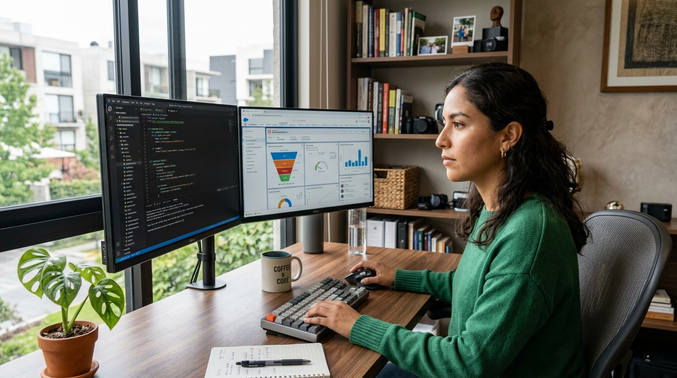 Nearshore technical virtual assistant working on CRM dashboard and automation workflow on dual monitors in a modern Latin American home office