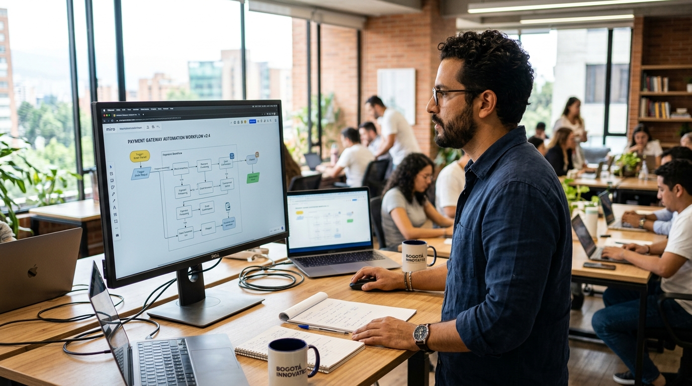 Technical virtual assistant reviewing Make.com automation workflow on monitor in a modern Latin American co-working space