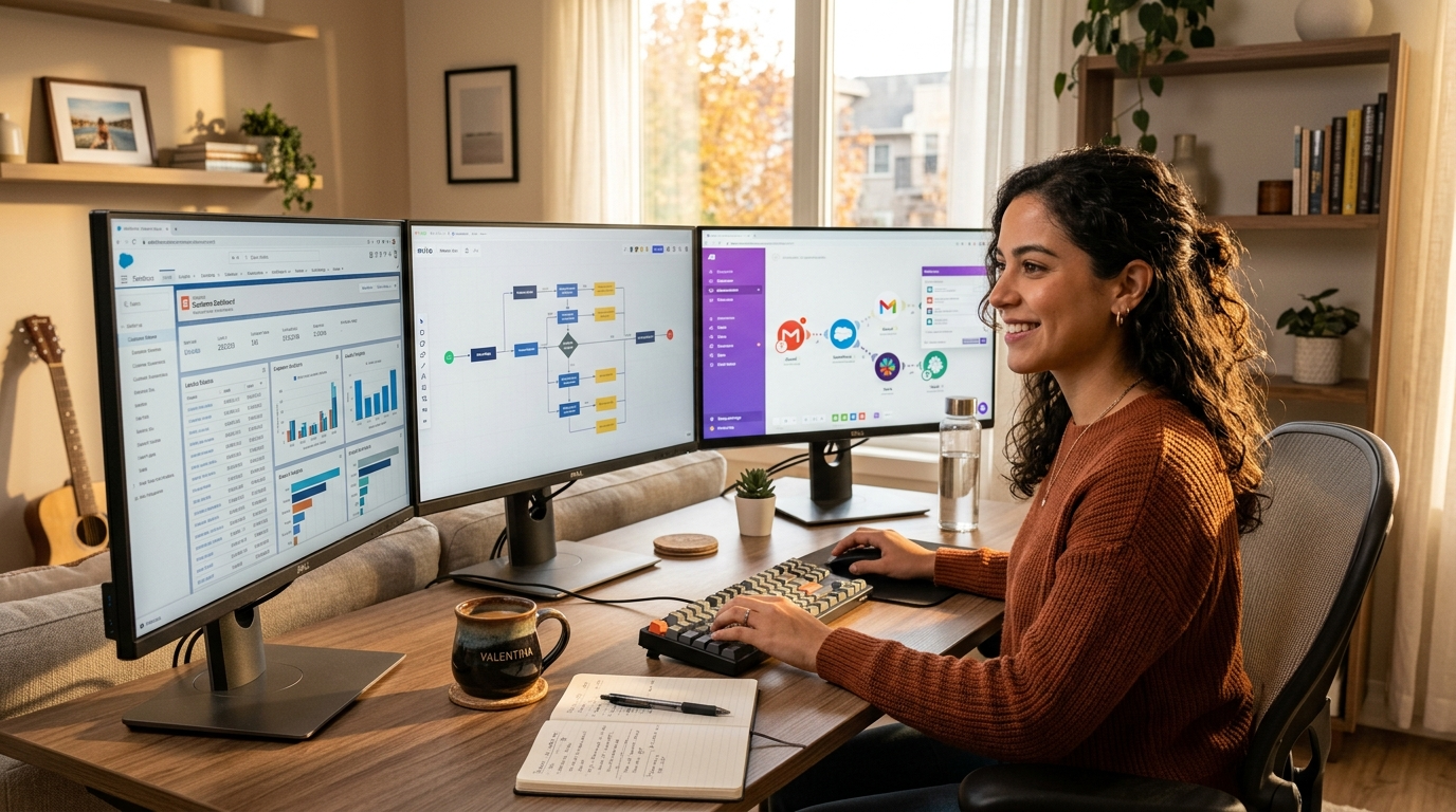 Nearshore technical virtual assistant managing Salesforce CRM and Make.com automation workflows across multiple monitors