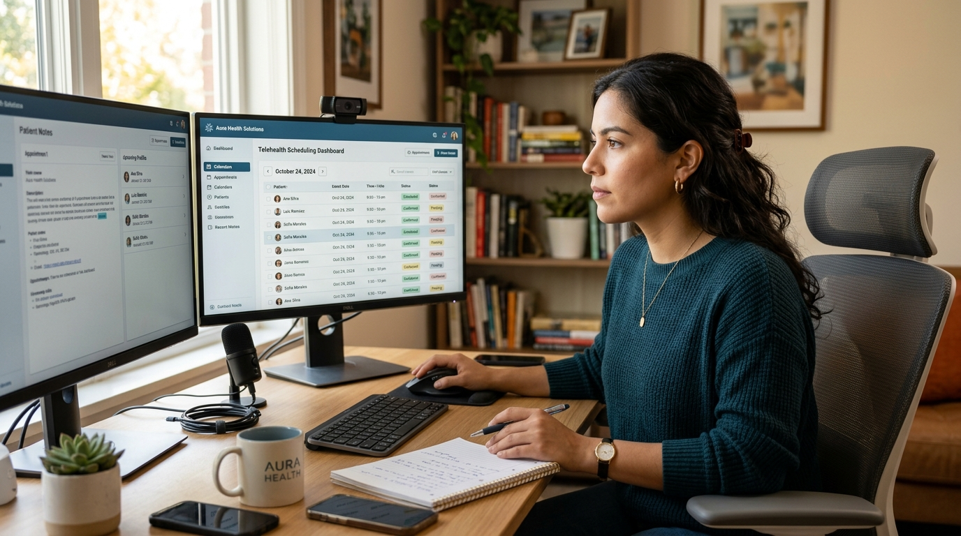 Nearshore telehealth virtual assistant managing patient scheduling on a dual-monitor workstation during US business hours