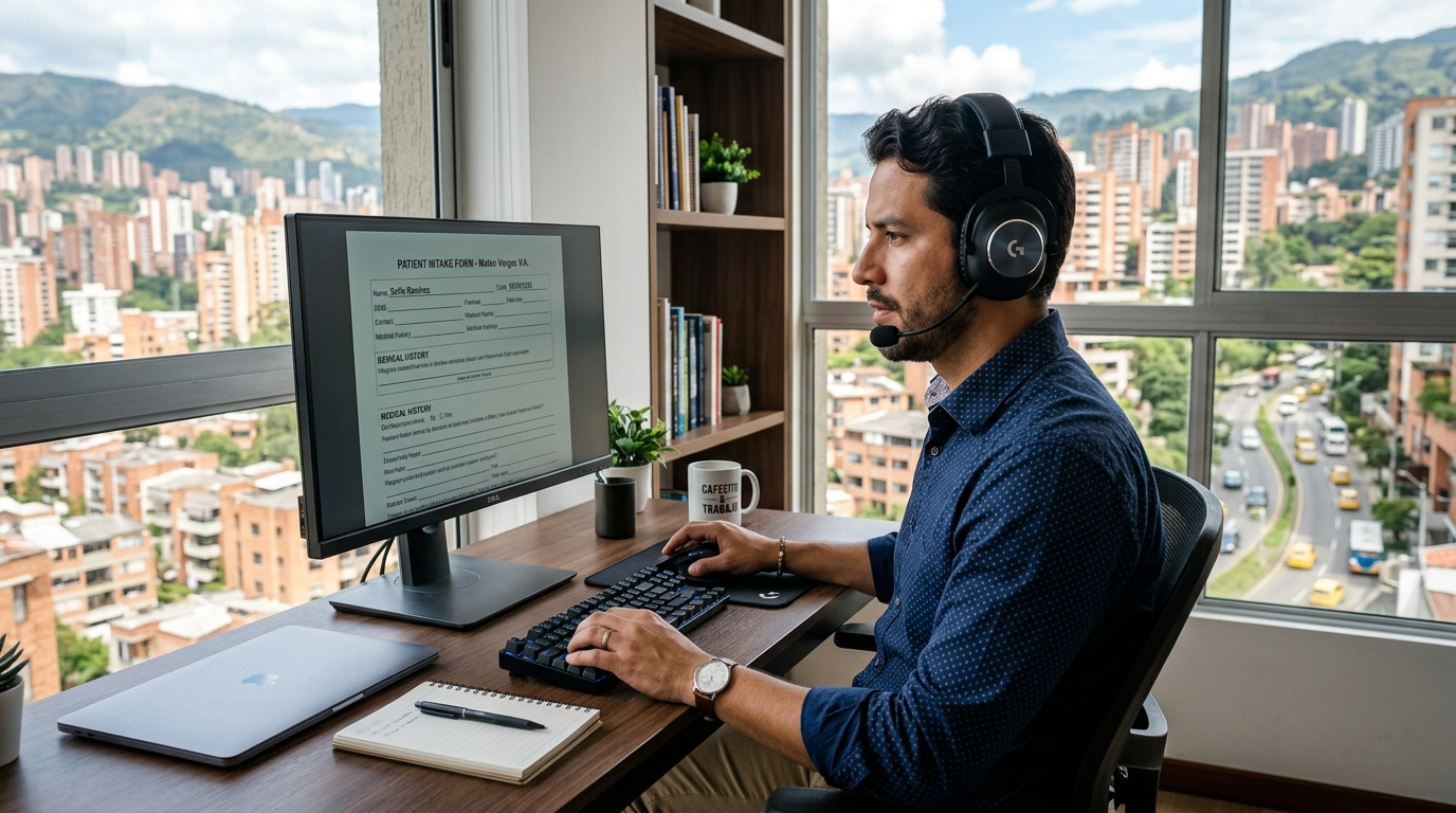 Nearshore telehealth virtual assistant reviewing patient intake forms with headset on during a US business hours shift