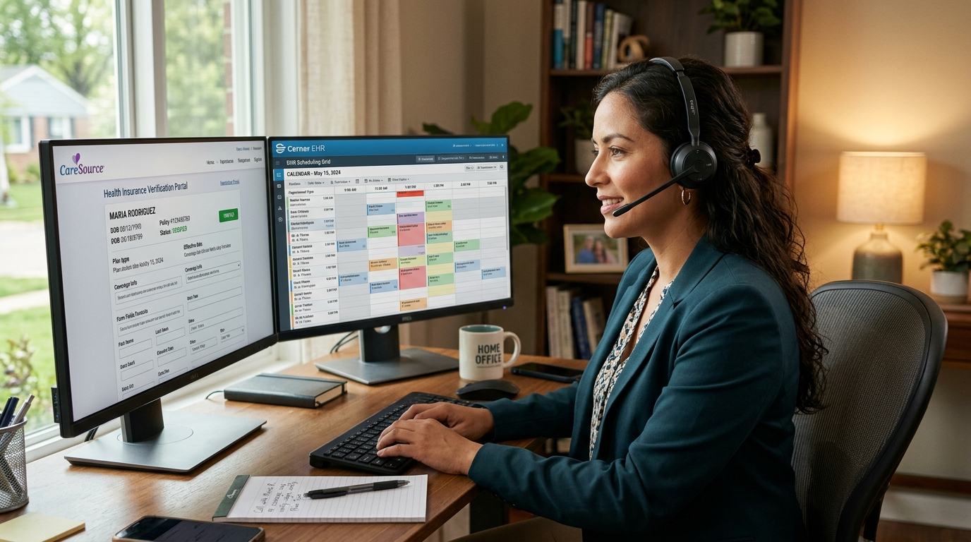 Telehealth virtual assistant verifying insurance eligibility on dual monitors while managing patient scheduling in an EHR system