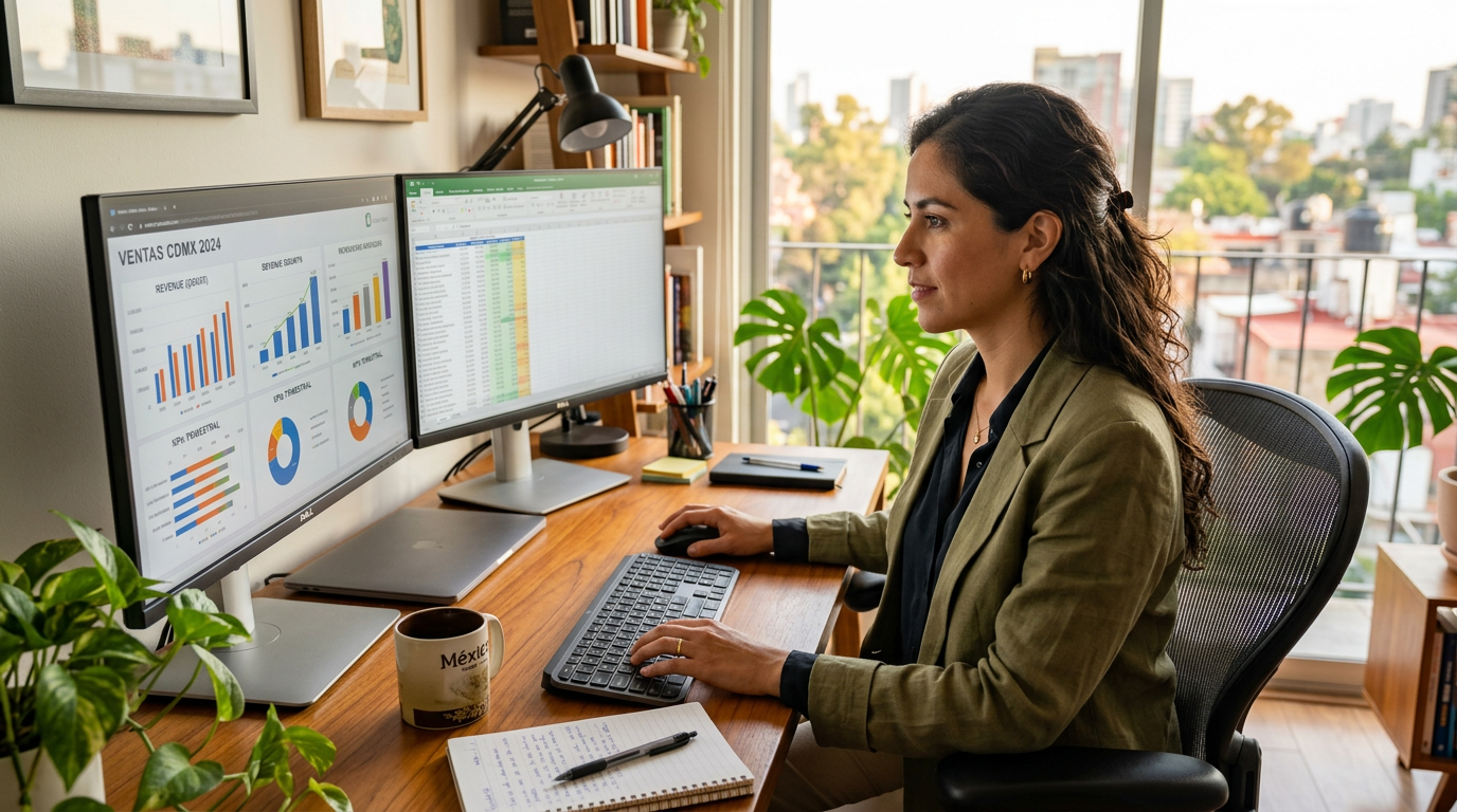 Latin American virtual assistant at a modern desk reviewing dashboards — top LATAM outsourcing companies place talent like this for US businesses