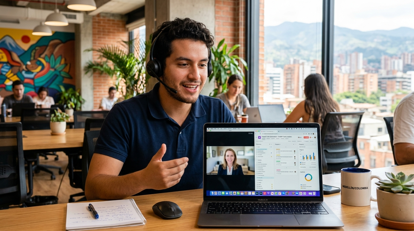 LATAM nearshore virtual assistant on a video call with a US business client, representing top LATAM outsourcing companies in 2026