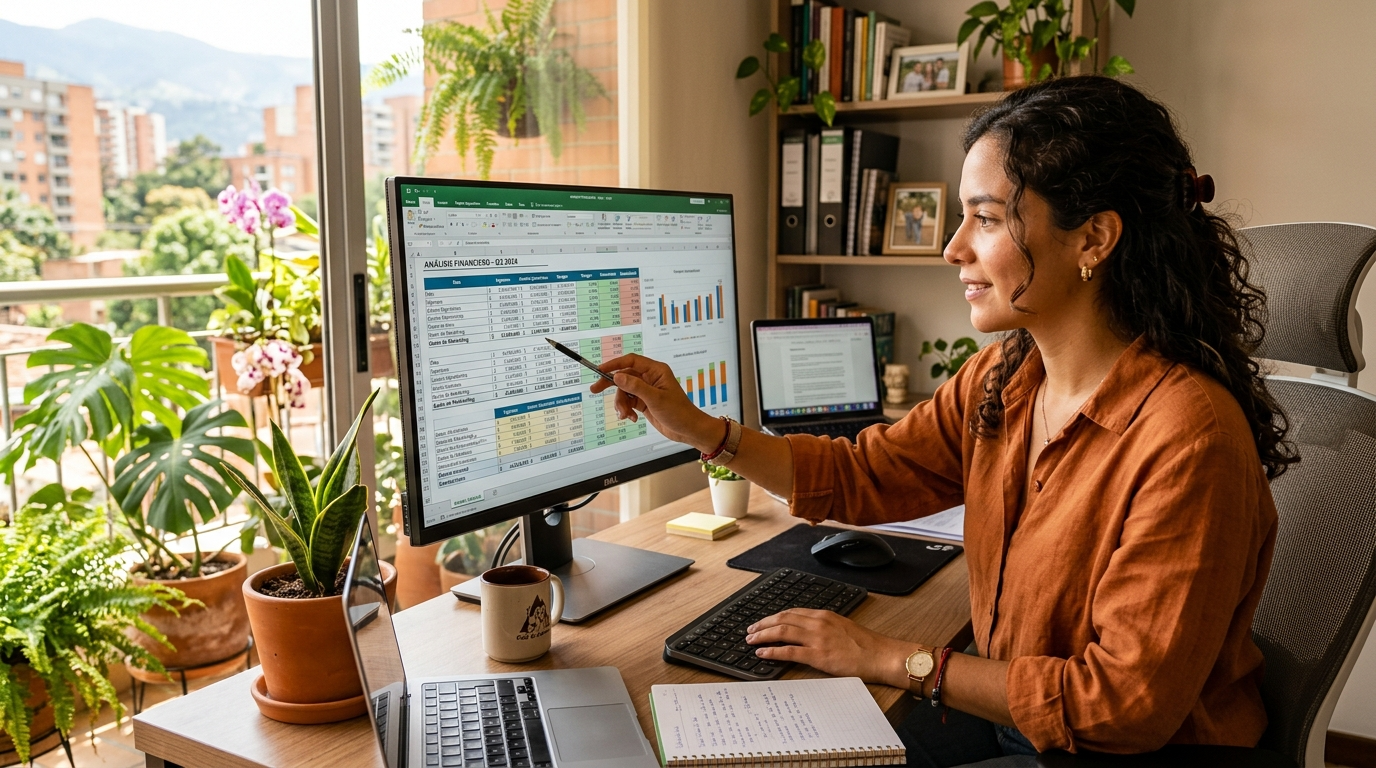 Nearshore LATAM bookkeeping virtual assistant reviewing QuickBooks financial data, placed by a top LATAM outsourcing company