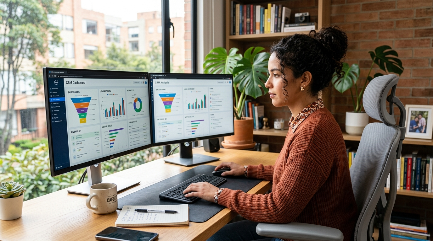 Latin American virtual assistant working at a dual-monitor home office — top LATAM virtual assistant companies 2026
