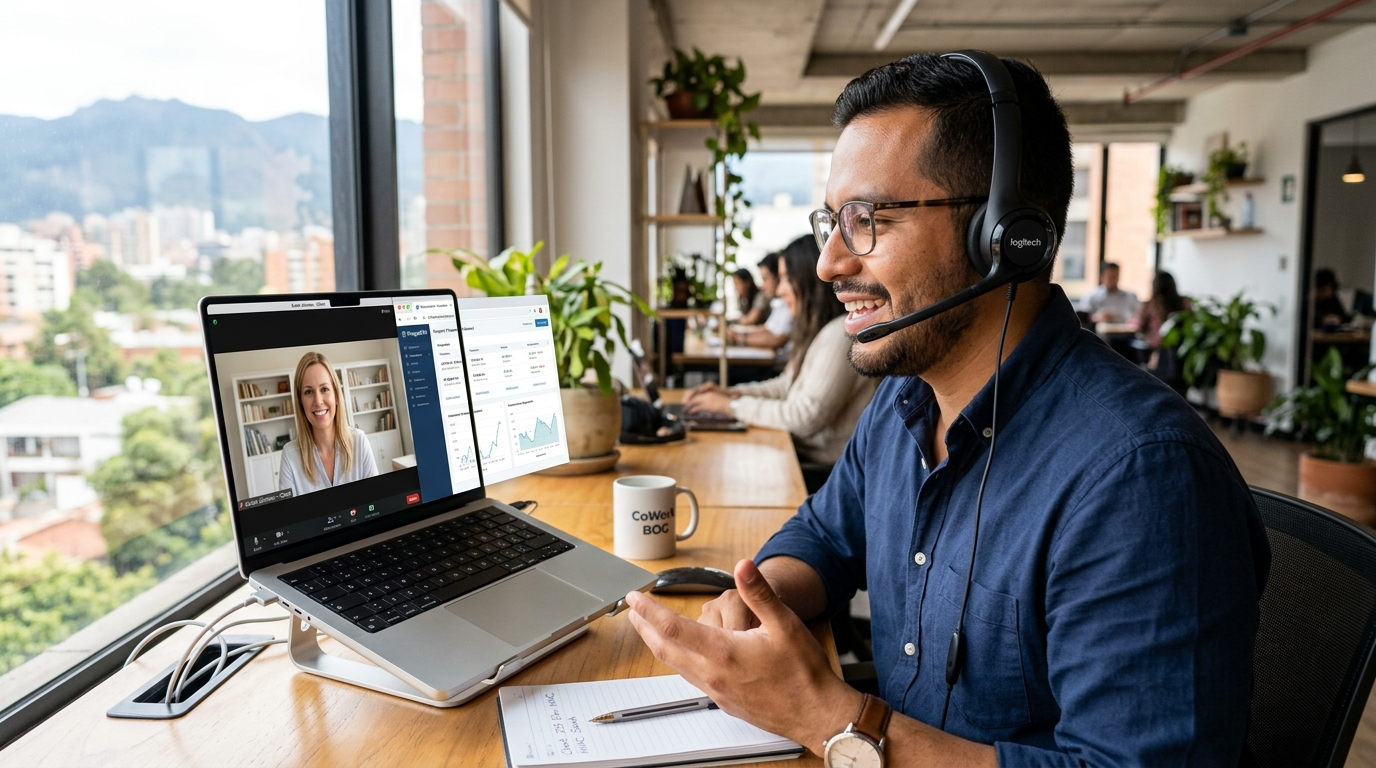 Nearshore Latin American virtual assistant on a video call reviewing property management software with a US client