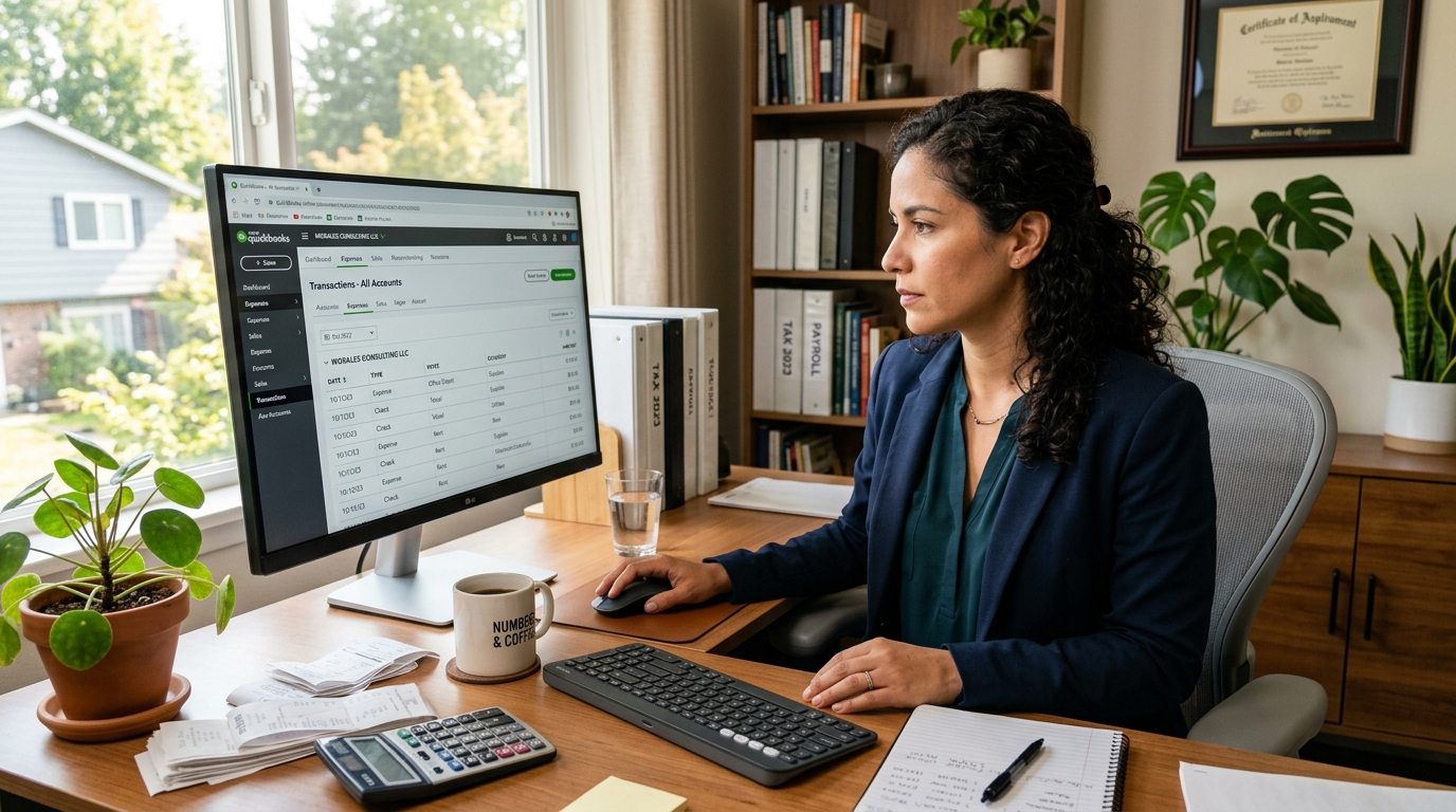 Latin American bookkeeping virtual assistant reviewing QuickBooks ledger — nearshore LATAM VA companies 2026