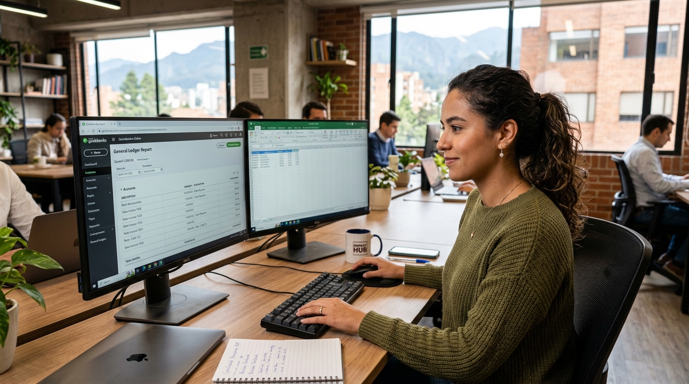 Latin American bookkeeper reviewing QuickBooks ledger — top Latin America bookkeeping outsourcing companies 2026